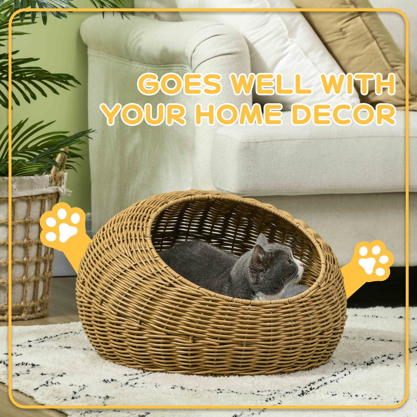 Rattan Cat Bed with Washable Cushion
