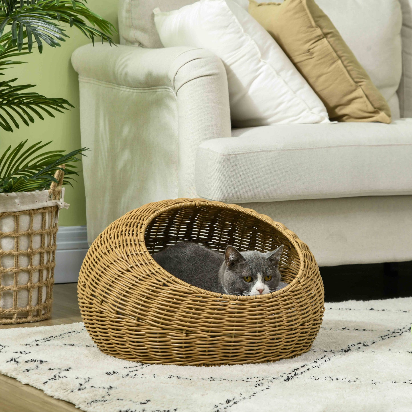 Rattan Cat Bed with Washable Cushion
