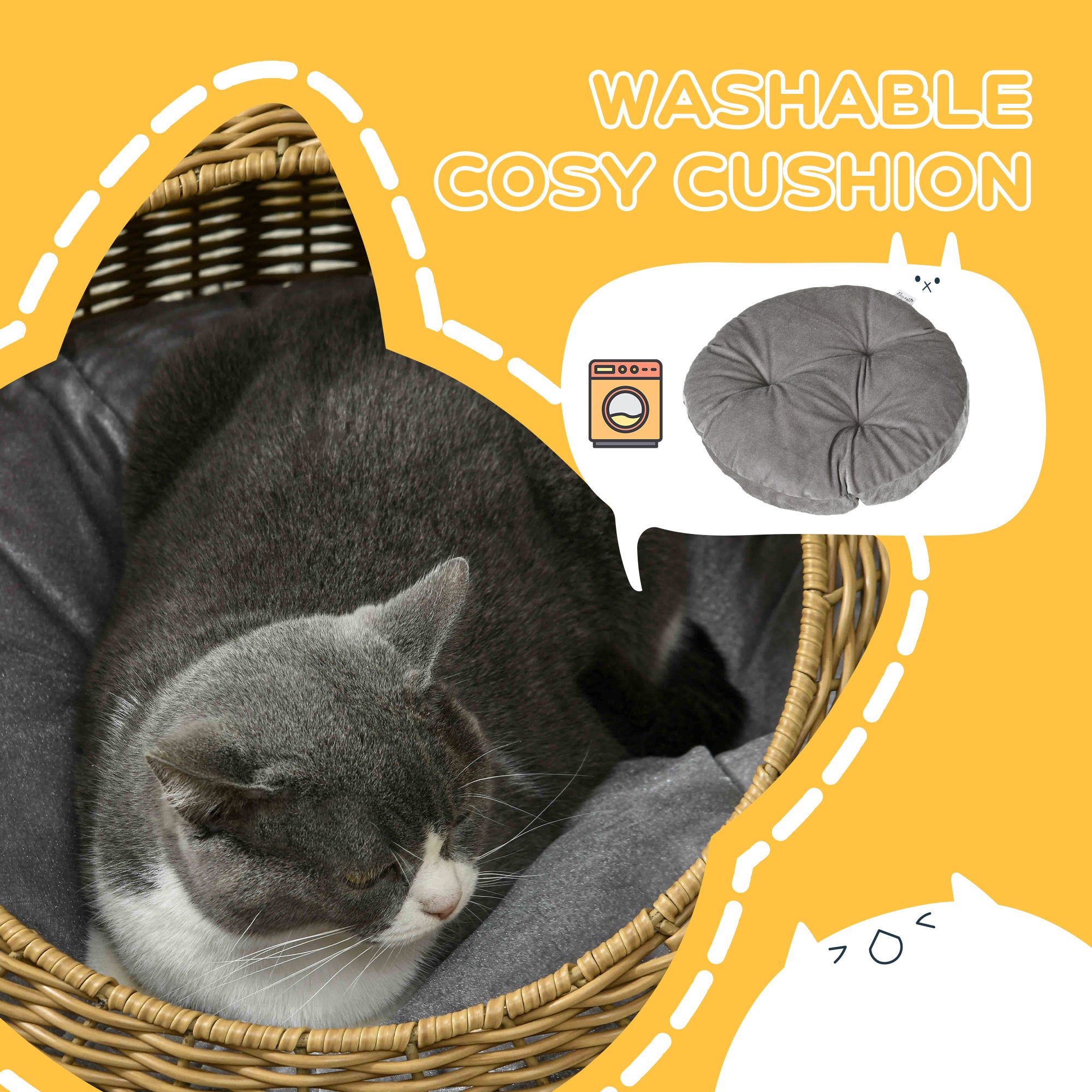 Rattan Cat Bed with Washable Cushion